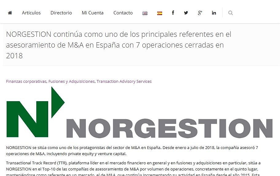 NORGESTION contina como uno de los principales referentes en el asesoramiento de M&A en Espaa con 7 operaciones cerradas en 2018